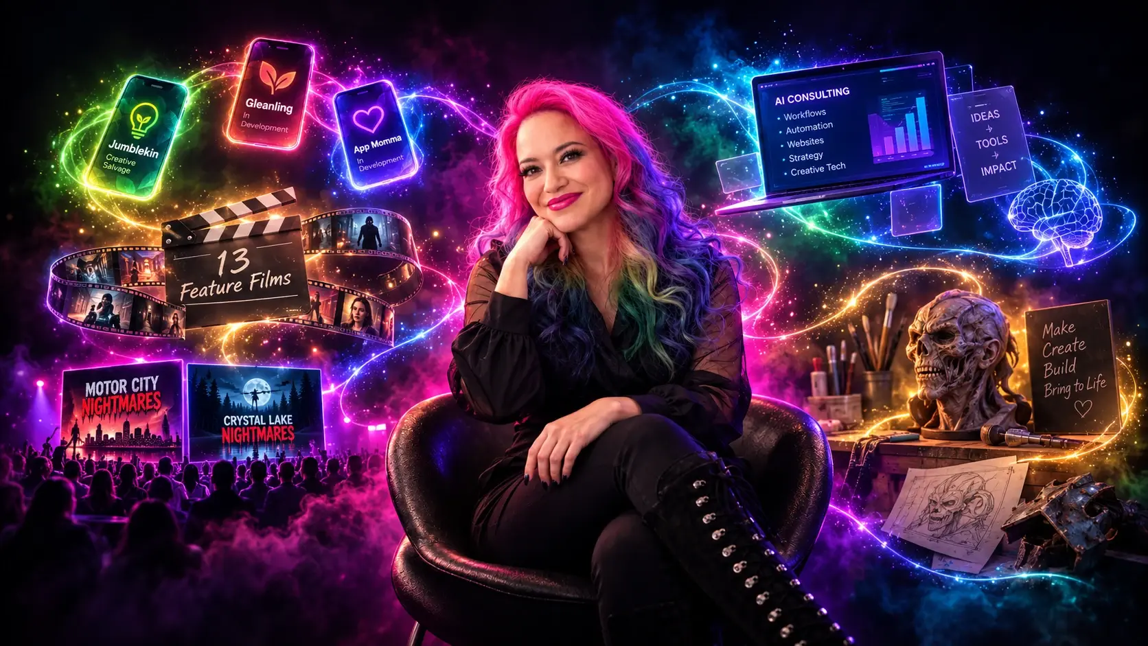 Tommy Brunswick at the center of her creative universe, surrounded by colorful imagery of apps, filmmaking, conventions, AI consulting and hands-on making